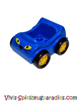 Lego Duplo-Auto mit geformten gelben Rädern und schwarzen glatten Reifen mitgelben Augen, schwarzer Nase und Schnurrhaarmuster  (31363c02pb02)